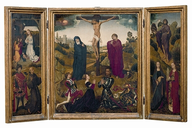 crocifissione di Cristo con Alessandro Sforza e i figli Costanzo e Battista